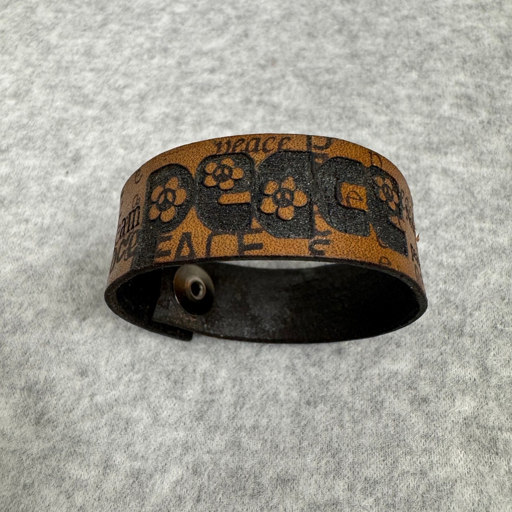 Tooled Leather PEACE Bracelet Sz 7.5 " with Floral Designs Snap Closure